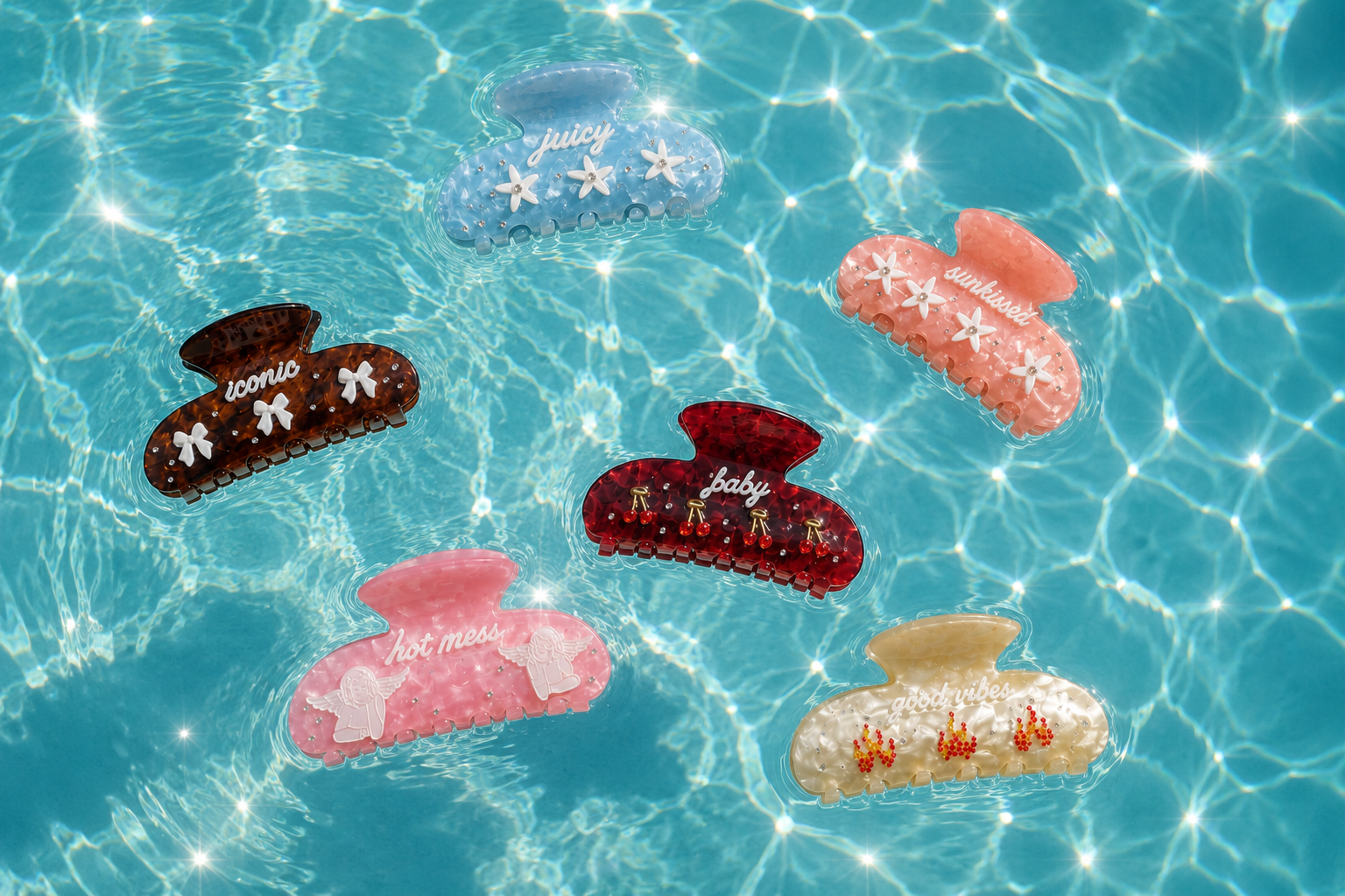 The Hair Club claw clips floating in pool water