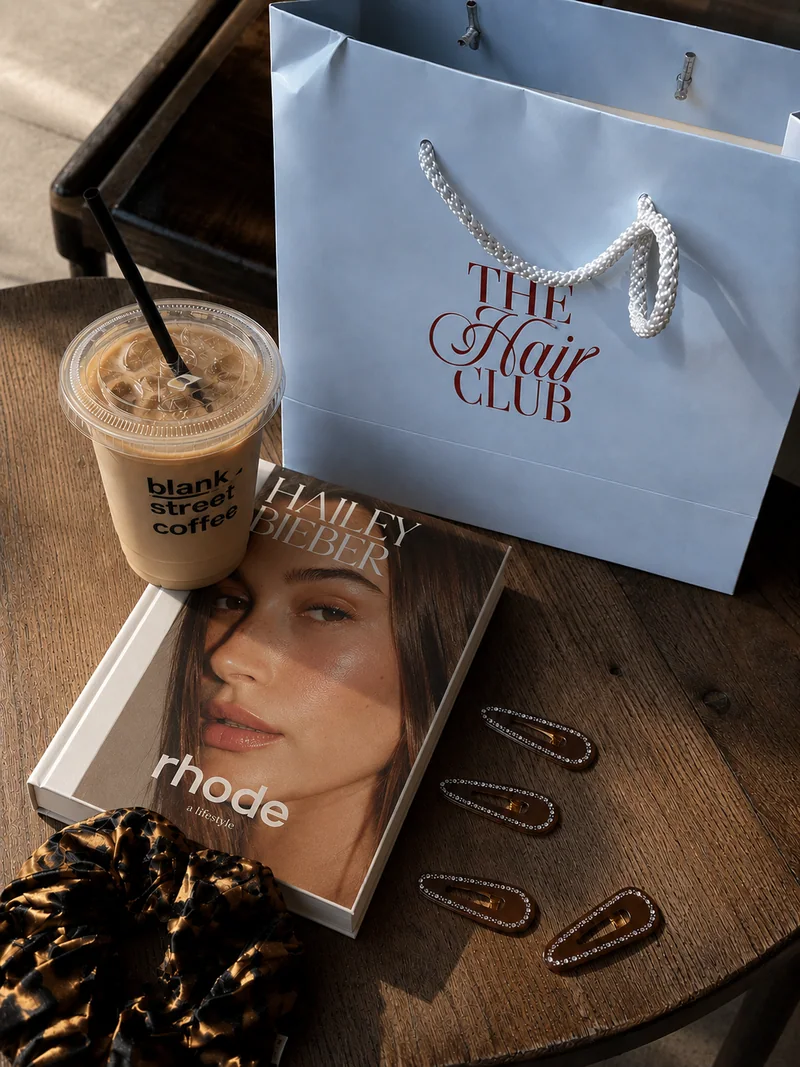 The Hair Club shopping bag and accessories at a coffee shop
