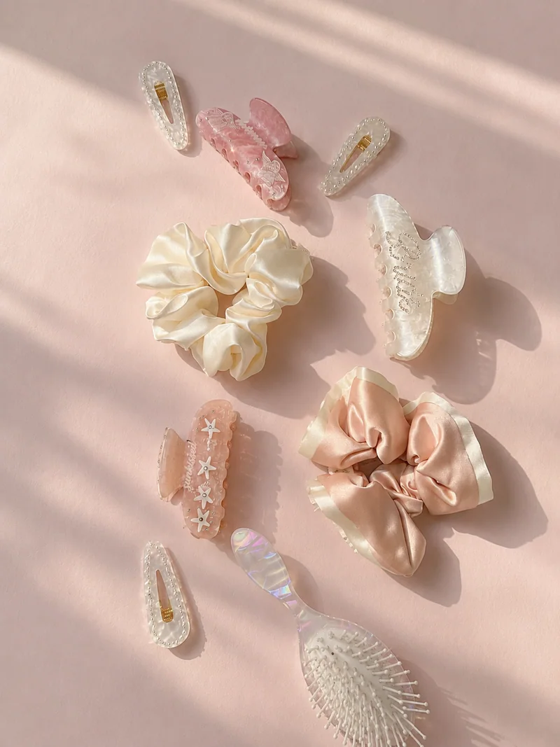 The Hair Club accessories on a sunlit pink background